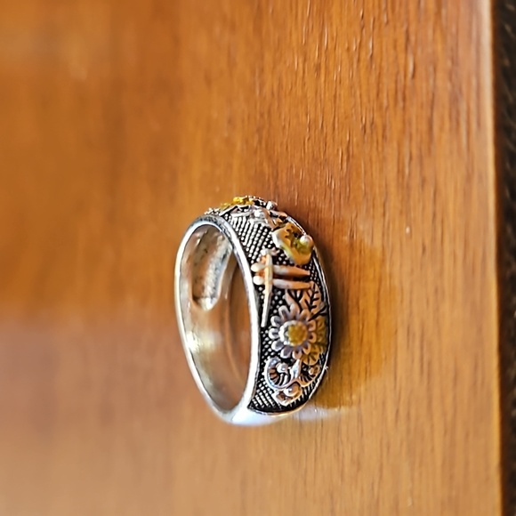 Sterling Silver, copper, and 18k gold mixed metal floral design ring Sz 5 - Picture 4 of 5